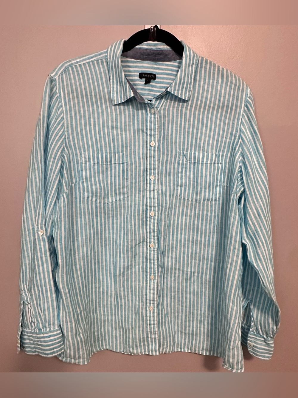 Talbots XL 100% Linen Blue White Striped Button Front Shirt Roll Tab Sleeve Top